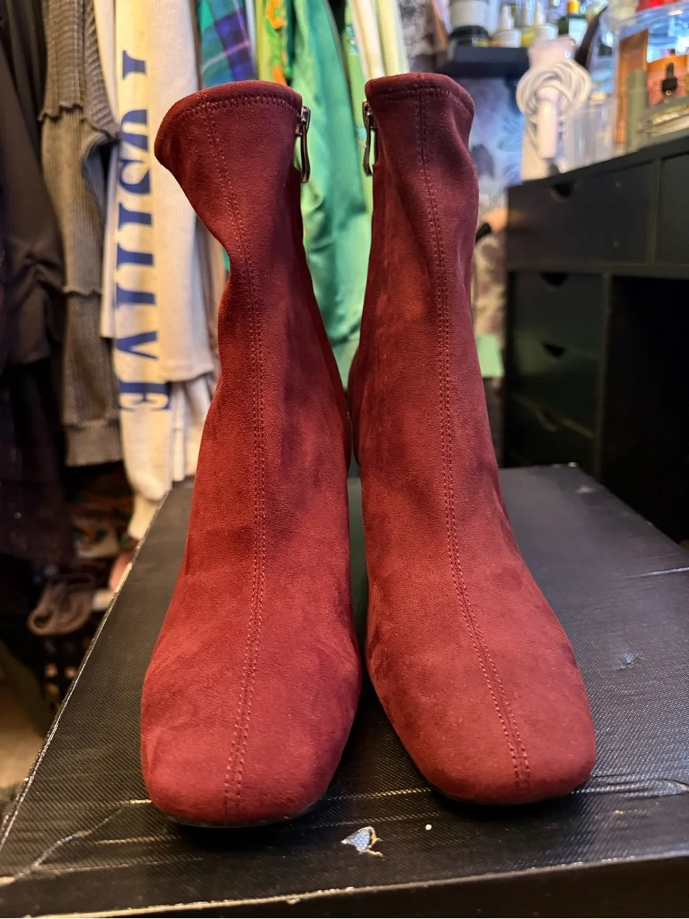 DKNY Wine Suede Block Heel Ankle Boots - Picture 5 of 7